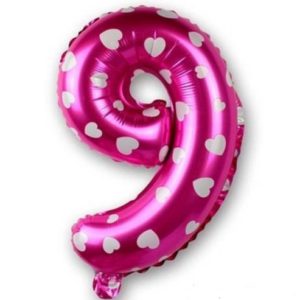 Balon Cifra 9, 45cm, roz cu inimi