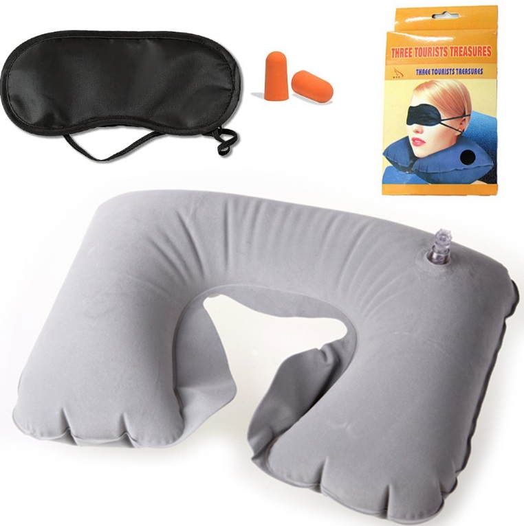 Set calatorie perna gonflabila pentru gat, dopuri de urechi si masca pentru dormit